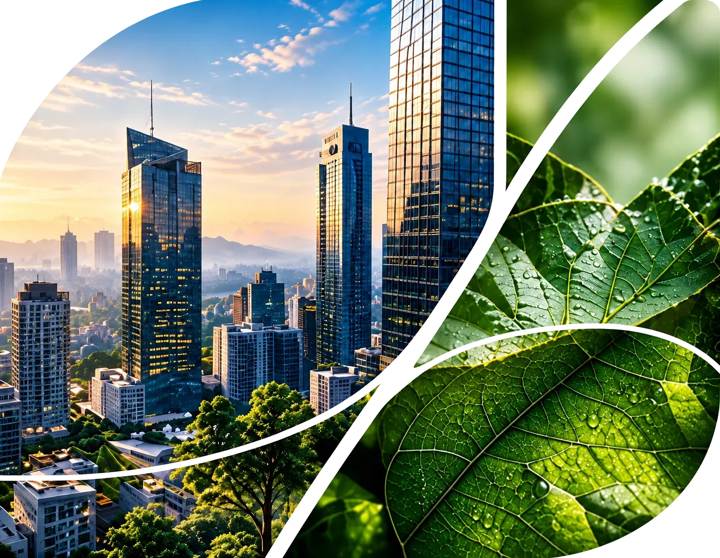 Gedung-gedung kota modern dan detail daun hijau