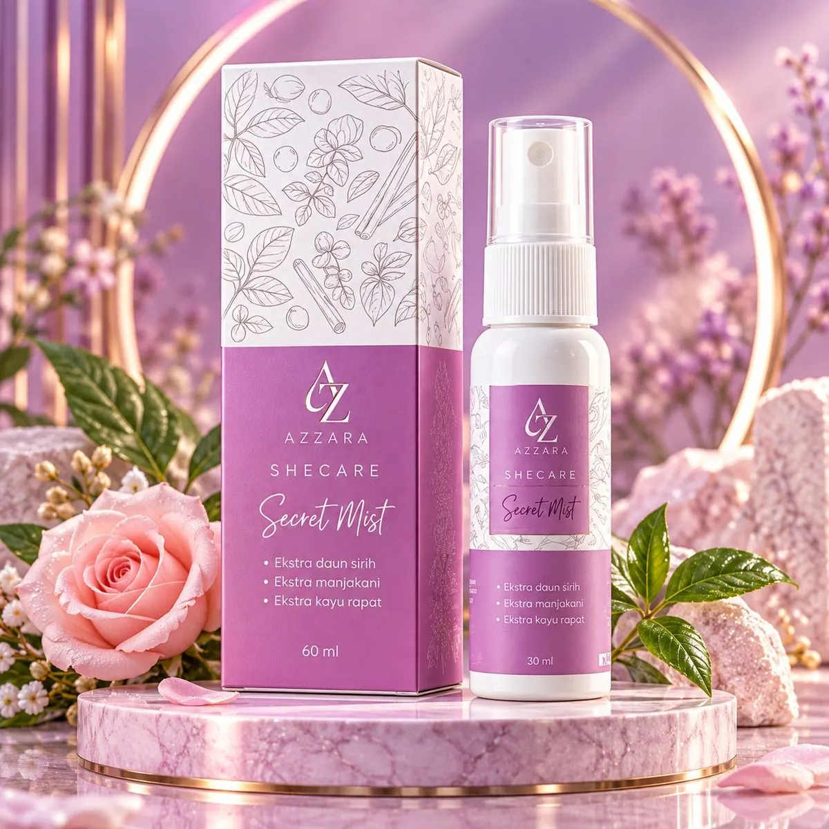 AZZARA SheCare Secret Mist, kemasan kotak dan botol spray